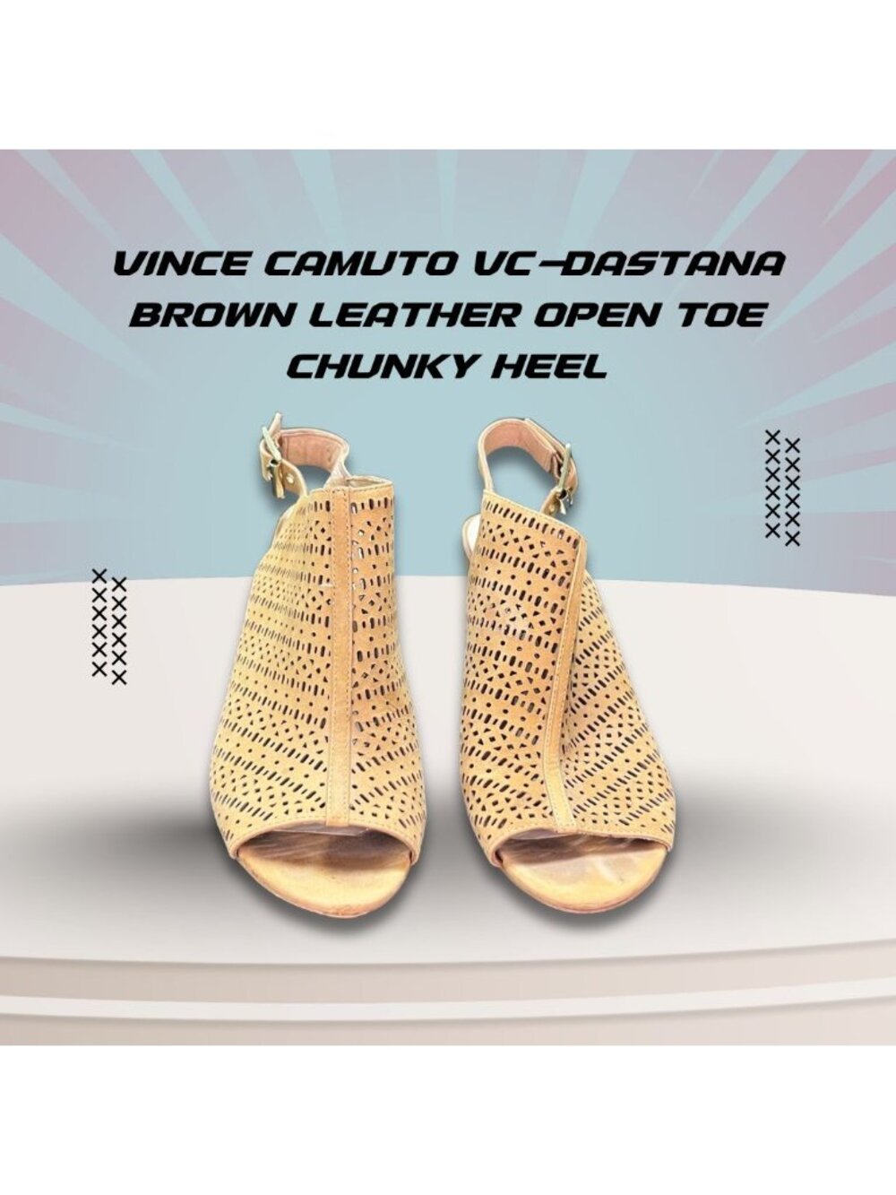 Vince Camuto Brown Perforated Leather Open Toe Chunky Heel Sandals With Adjustab